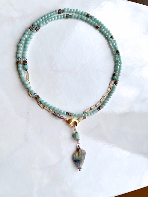 Amazonite, Labradorite, Paper Clip Chain Necklace